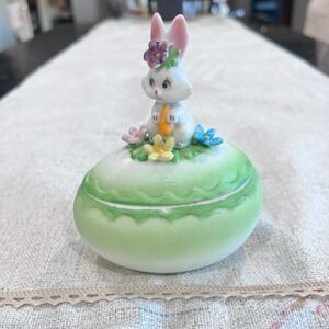 Vintage Lefton 1983 Easter Bunny Egg Trinket Box Hand Painted Rabbit